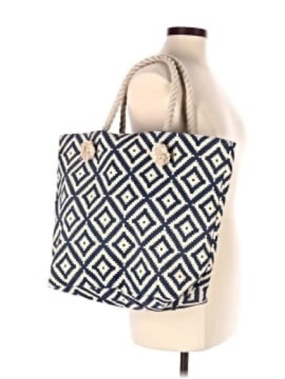 summer & rose Diamond-Pattern Rope Tote - Navy & Cream
